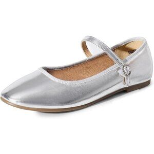 Dream Pairs Women's Silver-pu CALF PU Round Toe Buckled Ankle Strap Ballet Flats